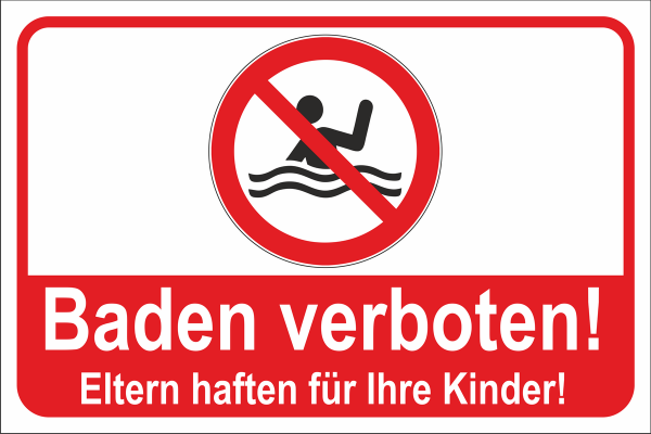 Schild mit Piktogramm und Text Baden verboten